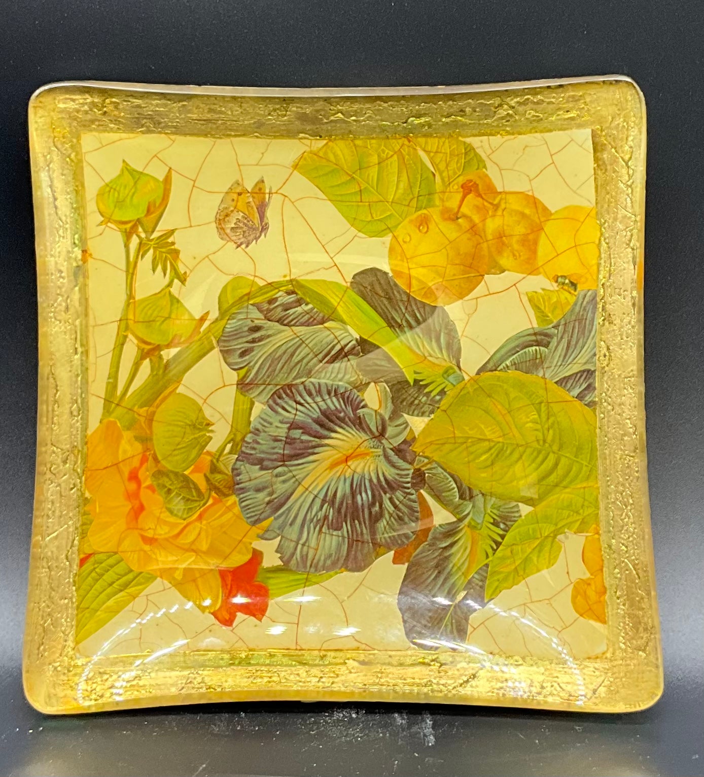 Lesley Roy Crackle Gold Foil Art Glass Plate