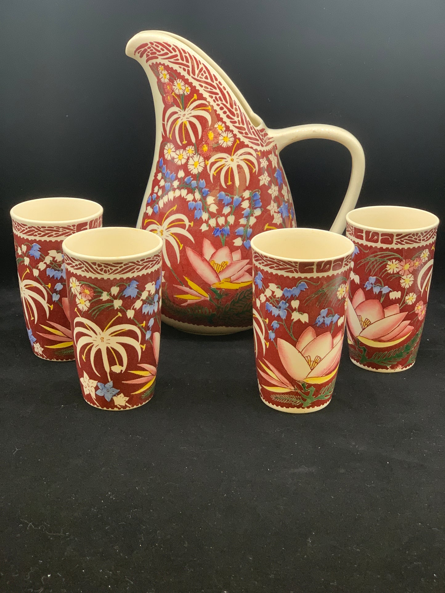 Vernon Kilns Lei Lani Pattern Pottery Pitcher and Glasses