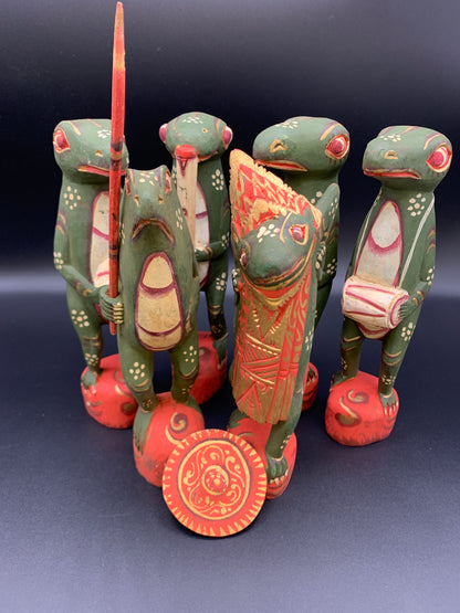 Indonesian Carved Wooden 5-Member Frog Band and Chief