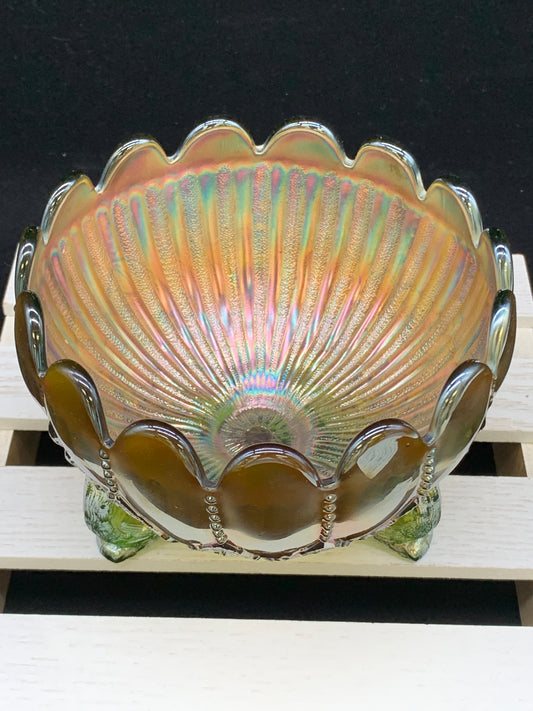 Northwood Leaf and Beads Footed Carnival Glass Bowl