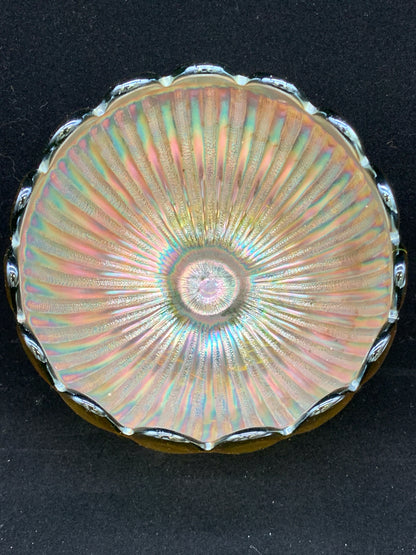 Northwood Leaf and Beads Footed Carnival Glass Bowl