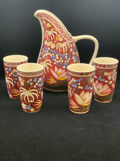 Vernon Kilns Lei Lani Pattern Pottery Pitcher and Glasses